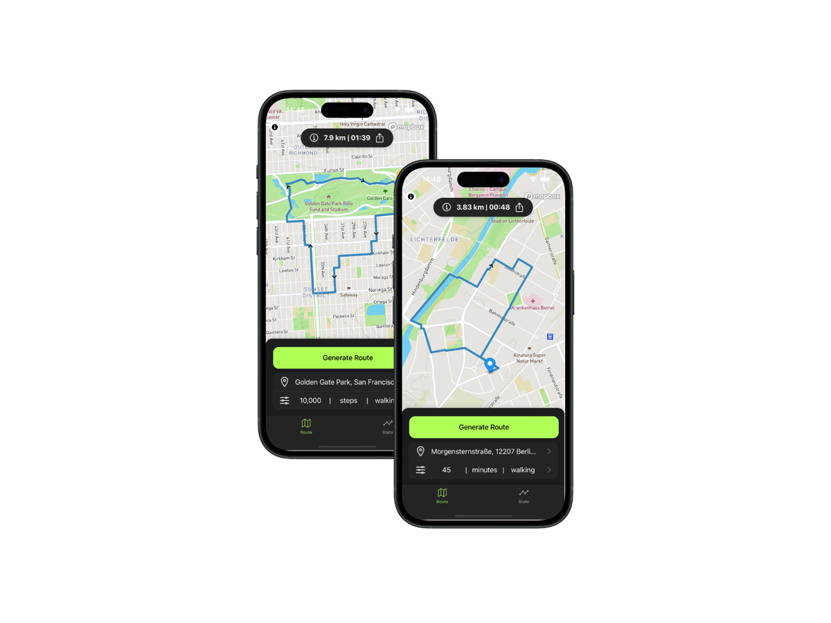 Two different generated routes side by side