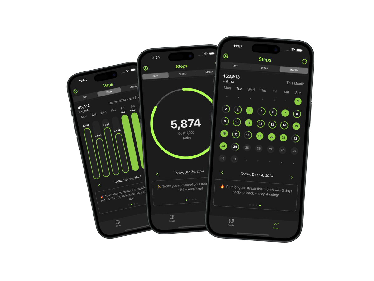 Stepify activity stats across day, week, and month views